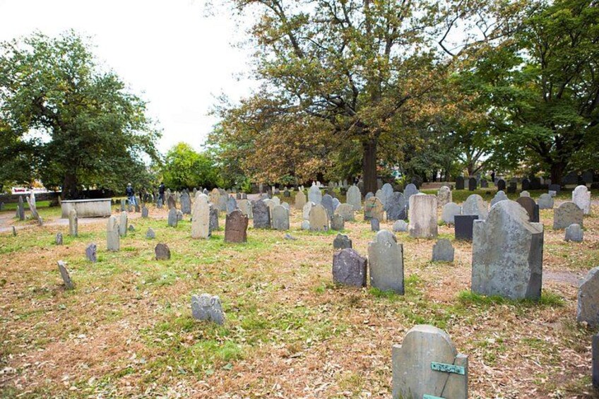 A cemetery with numerous headstones, trees, and a clear sky. 1
