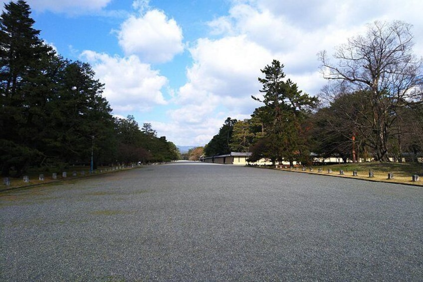 A wide, empty road flanked by trees and buildings under a partly cloudy sky. 4