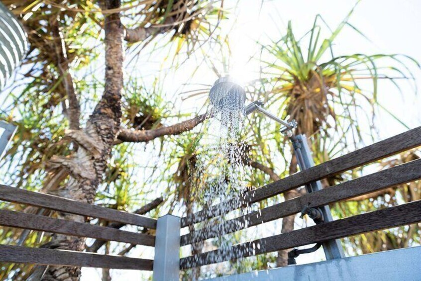 A water fountain with water spraying upwards, surrounded by a wooden fence and palm trees. 4