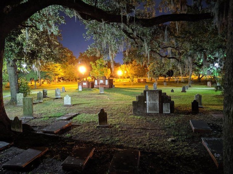 Un cimetière de nuit, avec des pierres tombales et des arbres illuminés. 3