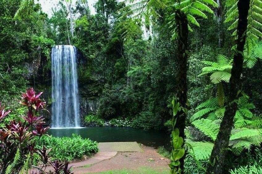 Una cascada rodeada de abundante vegetación verde y una masa de agua tranquila. 3