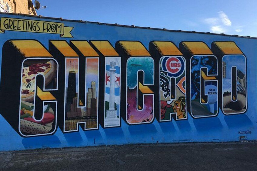 A mural with the word 'CHICAGO' and various city-related images. 4