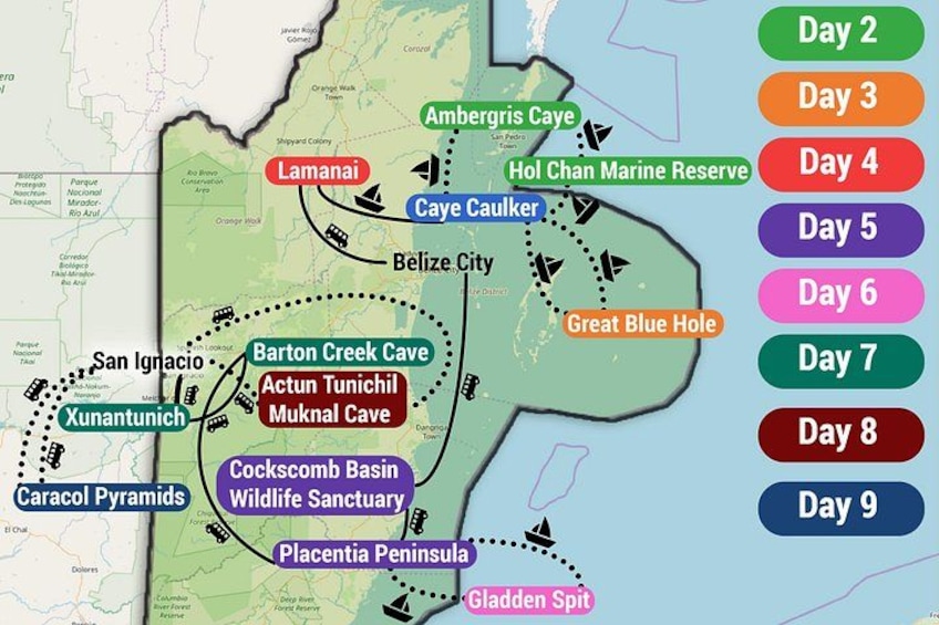 A map of Belize with highlighted caves and natural attractions. 3
