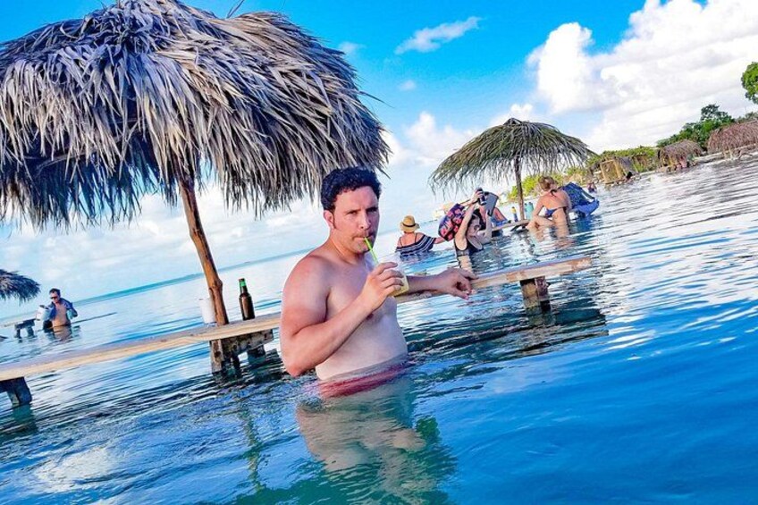 A tropical beach scene with a man in a swimsuit holding a drink, palm trees, and a wooden pier. 3