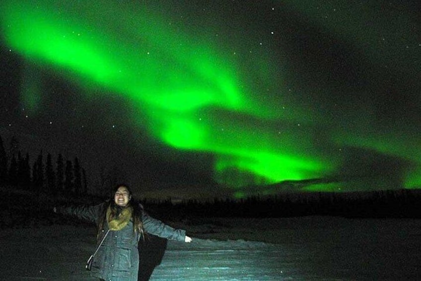 A person standing on a snowy surface with green aurora borealis in the sky. 2