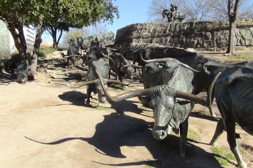 A collection of large bronze bulls with prominent horns, positioned on a dirt ground with trees and a stone wall in the background. 5