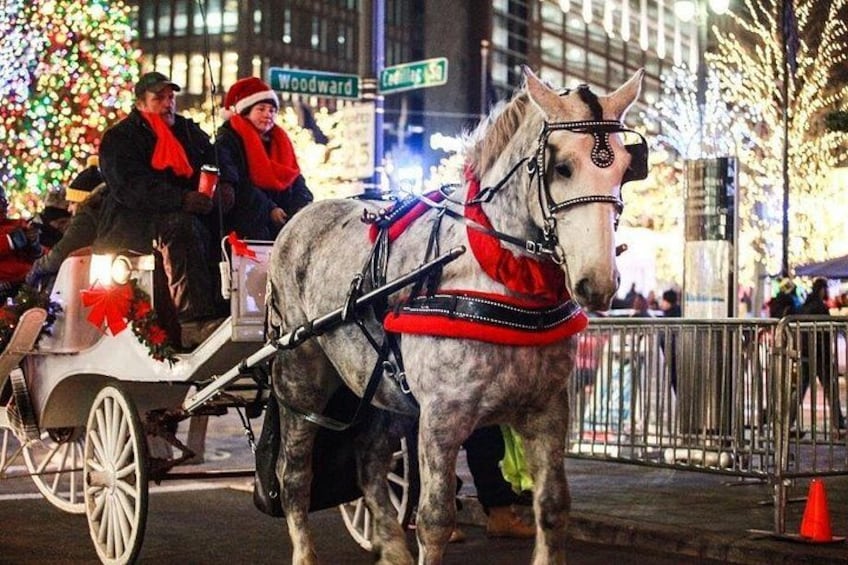A horse-drawn carriage with passengers, a decorated Christmas tree, and a street with metal railings. 4