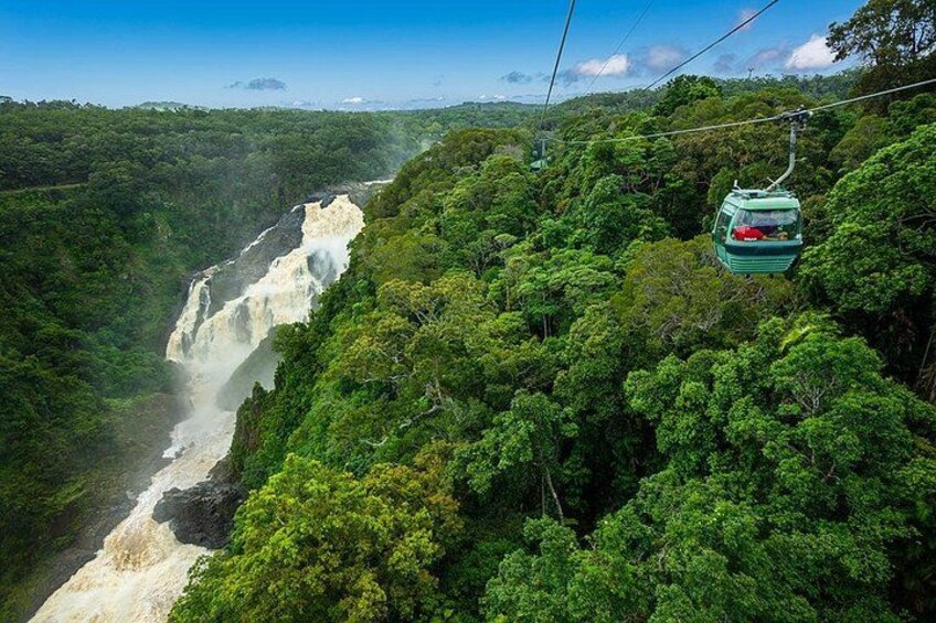 A cable car in a lush forest with a waterfall. 5