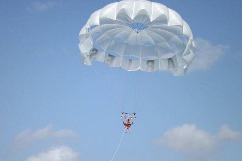 A parachute with a person and a drone in the sky. 4