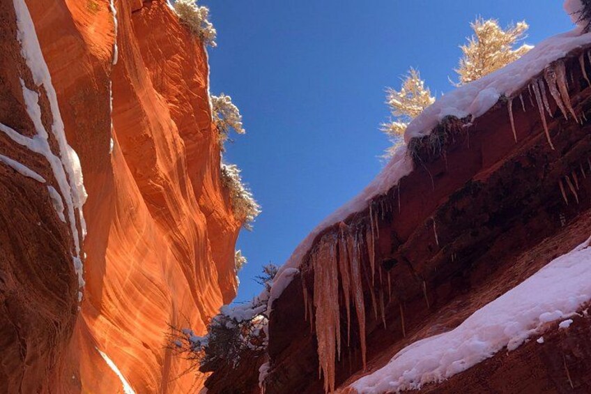 A canyon with red rock walls, snow, icicles, and a clear blue sky. 3
