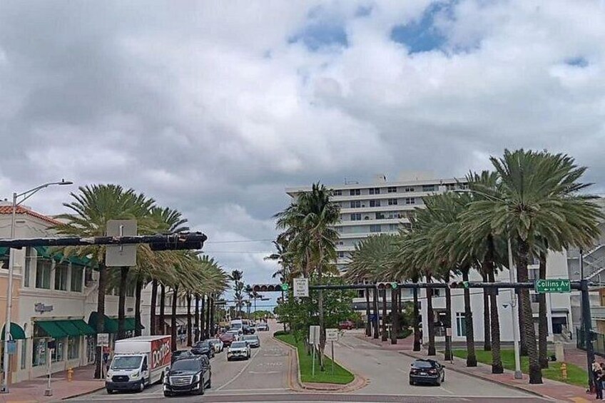 A street lined with palm trees and buildings, with cars parked and driving on the road. 3