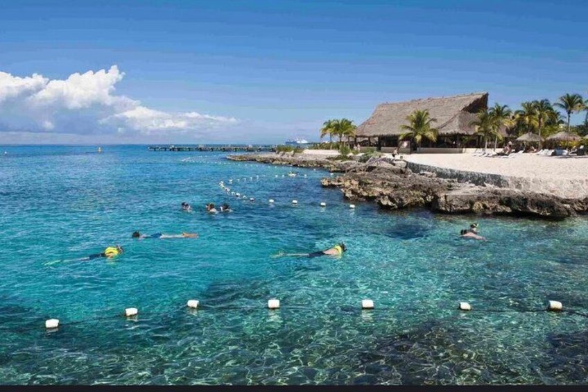 A tropical beach with clear turquoise water, a thatched-roof hut, and palm trees. 1