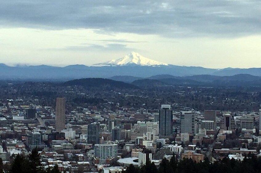 A cityscape with a prominent mountain in the background. 2