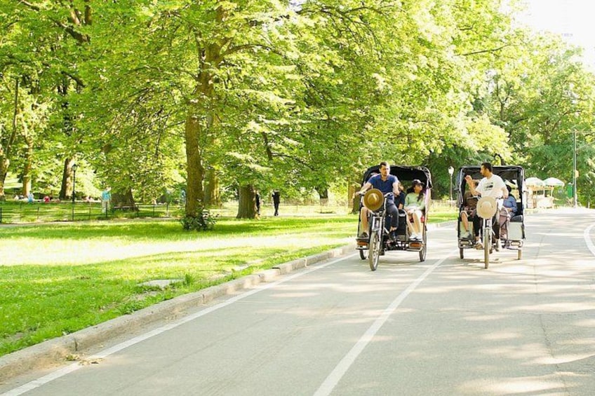 Een verhard pad met mensen op fietsen en paard en wagen. 4