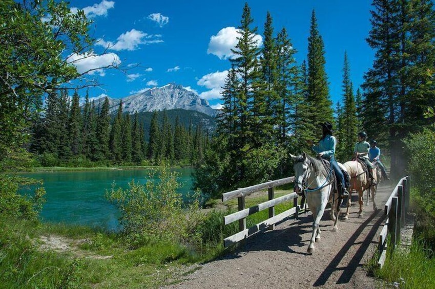 Un grupo de personas montando a caballo por un sendero, con un lago y montañas al fondo. 2