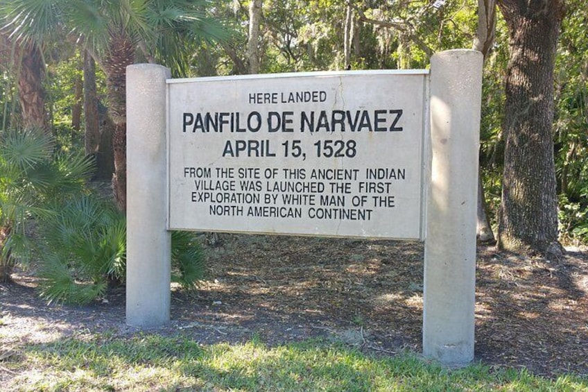 A historical marker with text about Panfilo de Narvaez's landing on April 15, 1528. 5