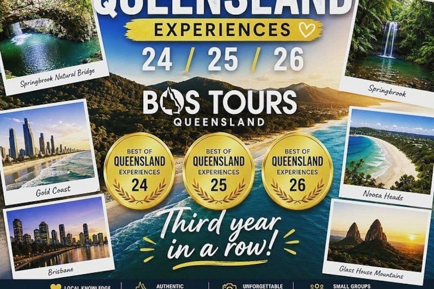A travel advertisement for Queensland experiences, highlighting tours on the Gold Coast, Brisbane, Springbrook, Noosa Heads, and Glass House Mountains. 2
