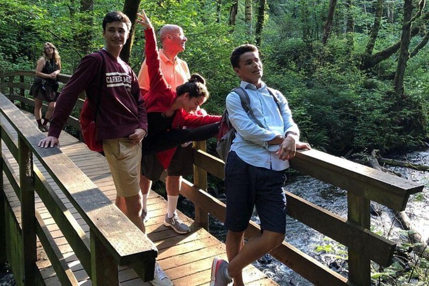 Een houten brug in een bos, waar mensen overheen lopen. 3