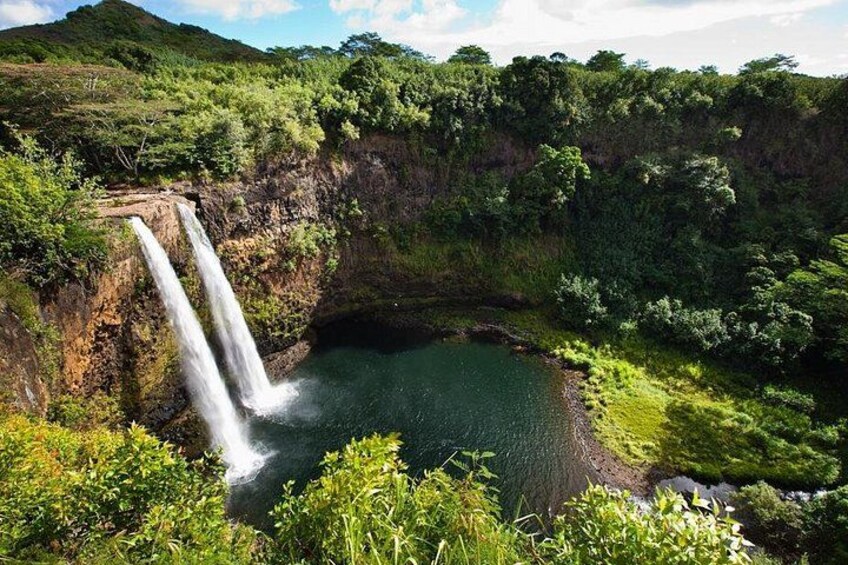A waterfall cascading into a pool surrounded by lush greenery and a hill in the background. 1