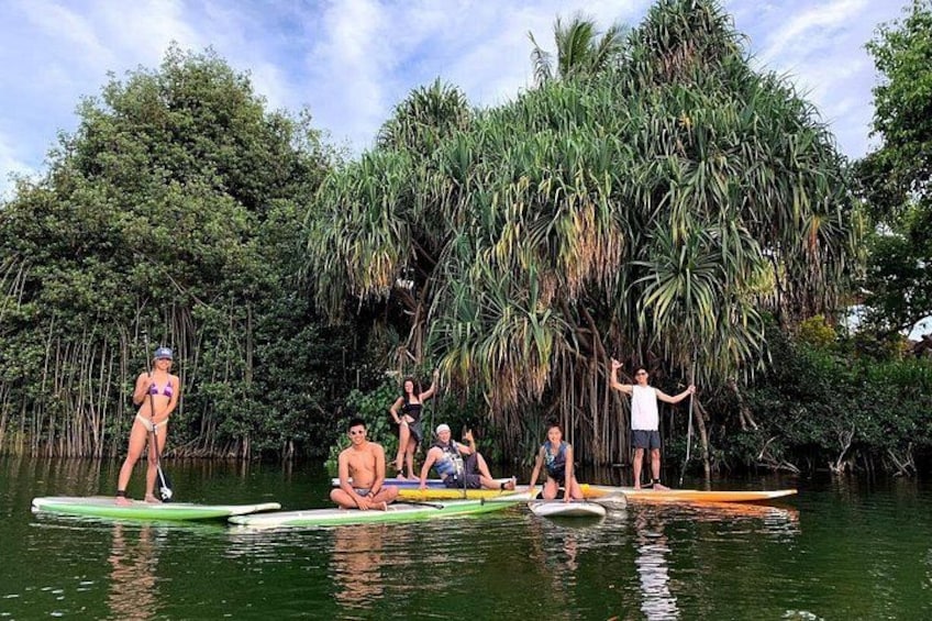 People on paddleboards in a forested area with water. 1
