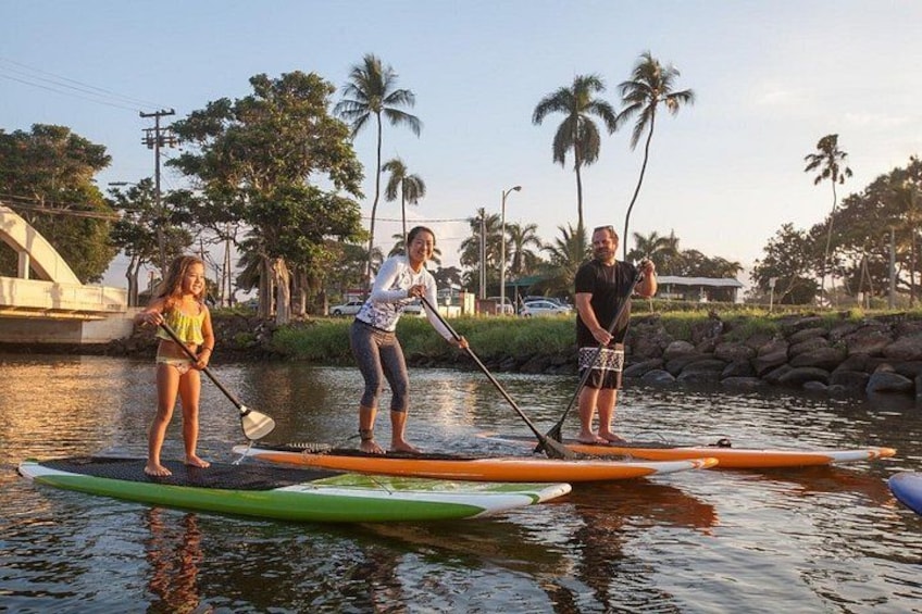 Three people paddleboarding on calm water with palm trees and a building in the background. 4