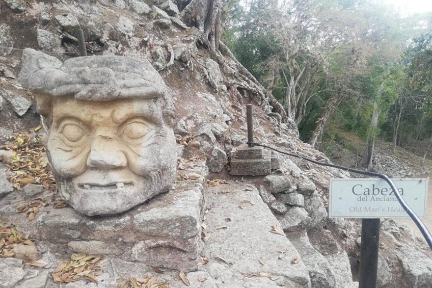 A stone head sculpture, a sign reading 'Cabeza del Anciano Old Man's Head,' and a rocky path. 3