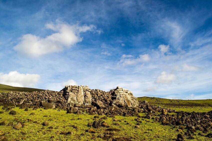 Ahu Ma'itaki te Moa. A monumental ceremonial center badly disturbed and eroded.