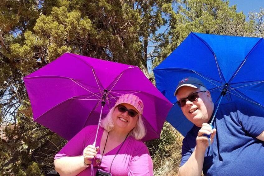 Deux personnes, l’une tenant un parapluie rose et l’autre un parapluie bleu, se trouvent dans un environnement naturel, au milieu d’arbres. 3