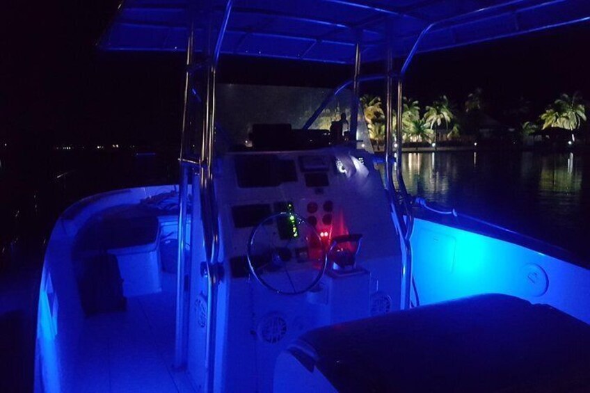 Our boat during a bioluminescence tour in Grand Cayman