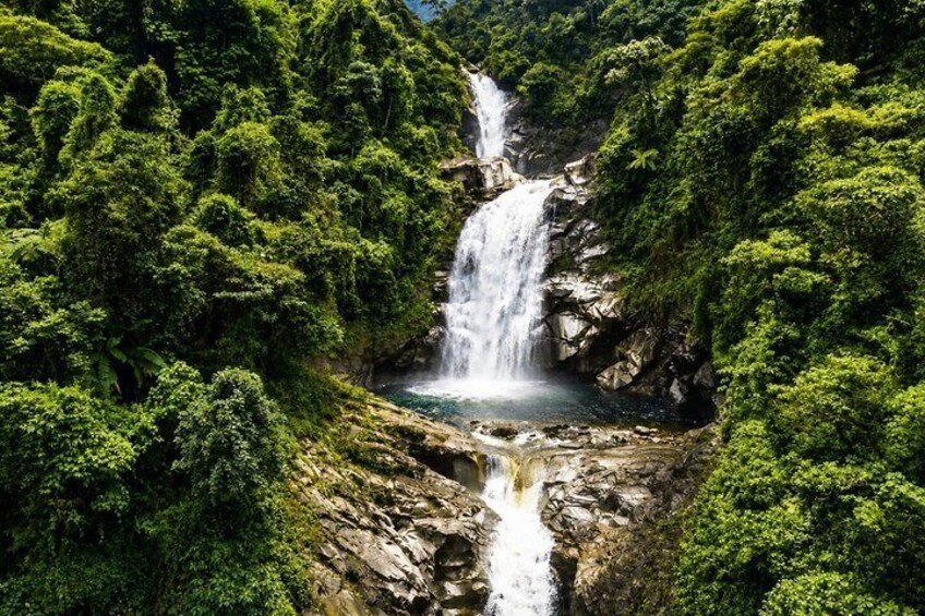A waterfall surrounded by dense green forest. 5