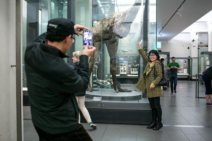 A person taking a photo of a dinosaur skeleton exhibit in a museum. 4