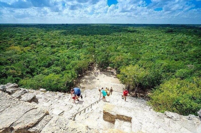 A group of people hiking on a rocky path through a dense forest. 3