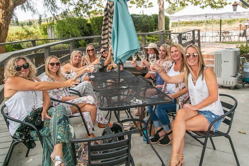 A group of people seated around a table outdoors, toasting with wine glasses. 1