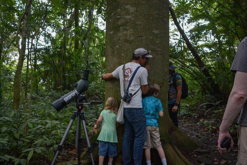 A group of people observing a telescope in a forested area. 3