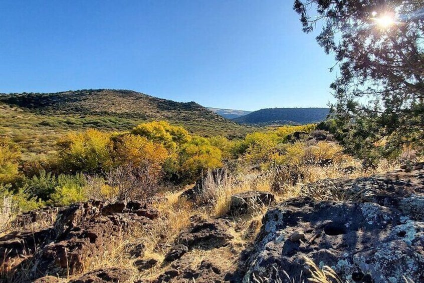 Un paysage rocheux avec une végétation clairsemée et une colline lointaine sous un ciel dégagé. 3