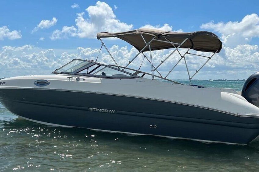 A Stingray boat with a canopy, water, and a distant city skyline. 2