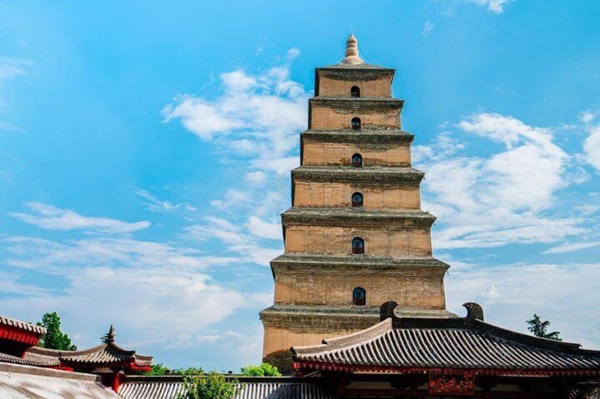 Una pagoda de varios niveles con arquitectura china tradicional, sobre un cielo azul despejado. 1