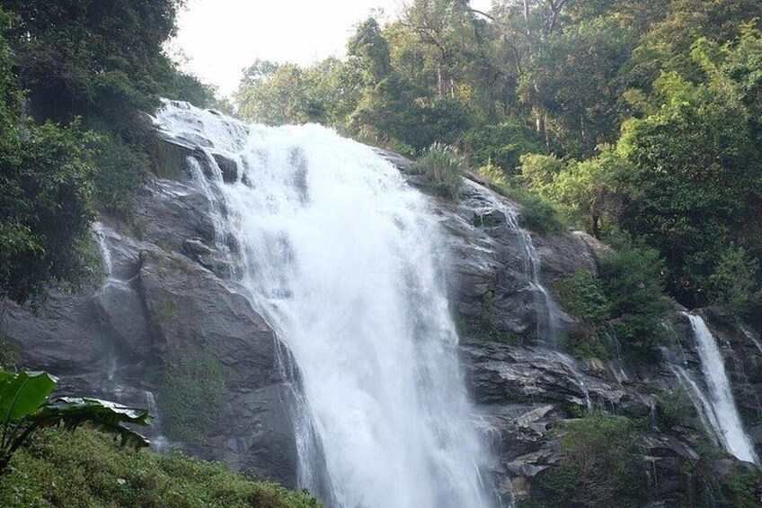 Una cascada se precipita por un risco rocoso, rodeada de abundante vegetación. 2