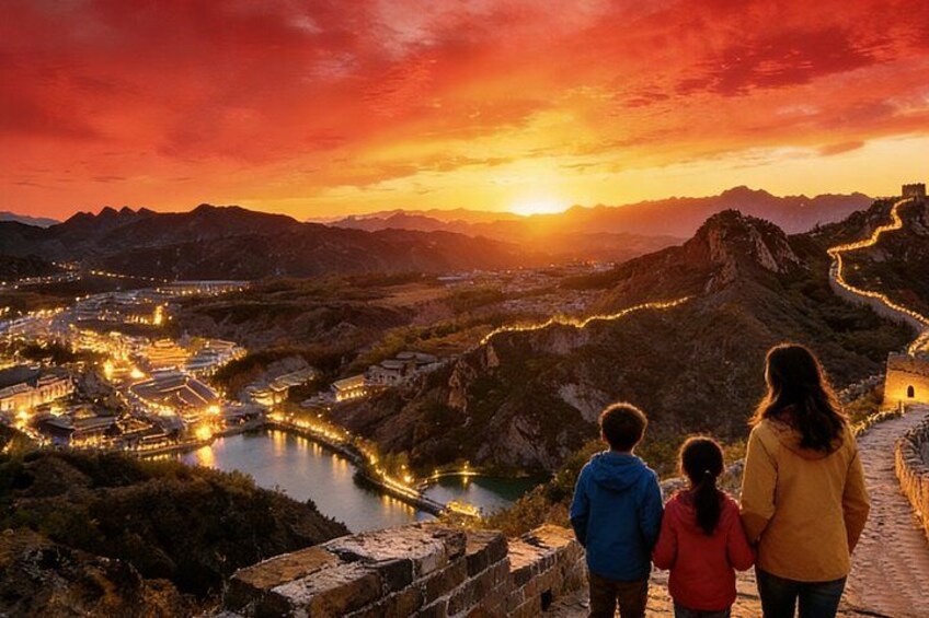 Vista al atardecer de la Gran Muralla China con una familia de pie sobre ella. 1