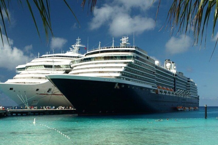 A large cruise ship docked at a pier with clear turquoise water and palm trees in the foreground. 4