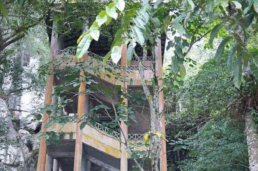 A dilapidated building with overgrown vegetation, surrounded by dense forest. 2