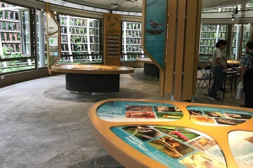 A library interior with bookshelves, a central display table with informational posters, and a large window allowing natural light. 3
