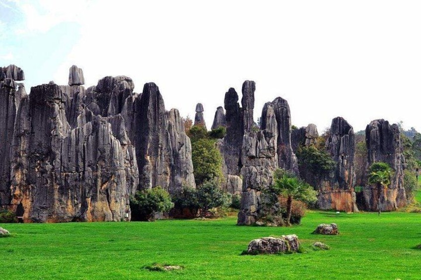 A landscape with tall rock formations and a green field. 1