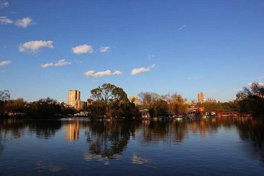 A calm lake with reflections of trees and buildings, surrounded by a park with a clear sky. 4