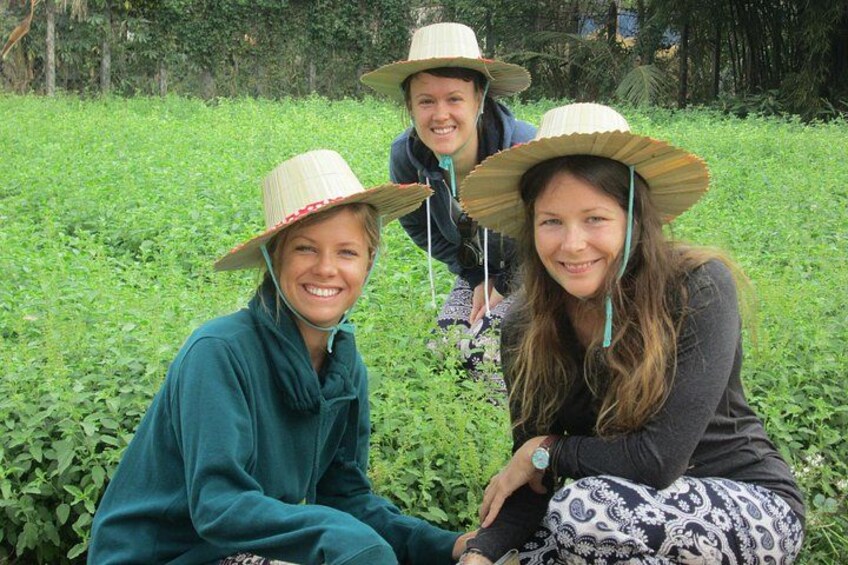 Three people in a field wearing hats and casual clothing. 3