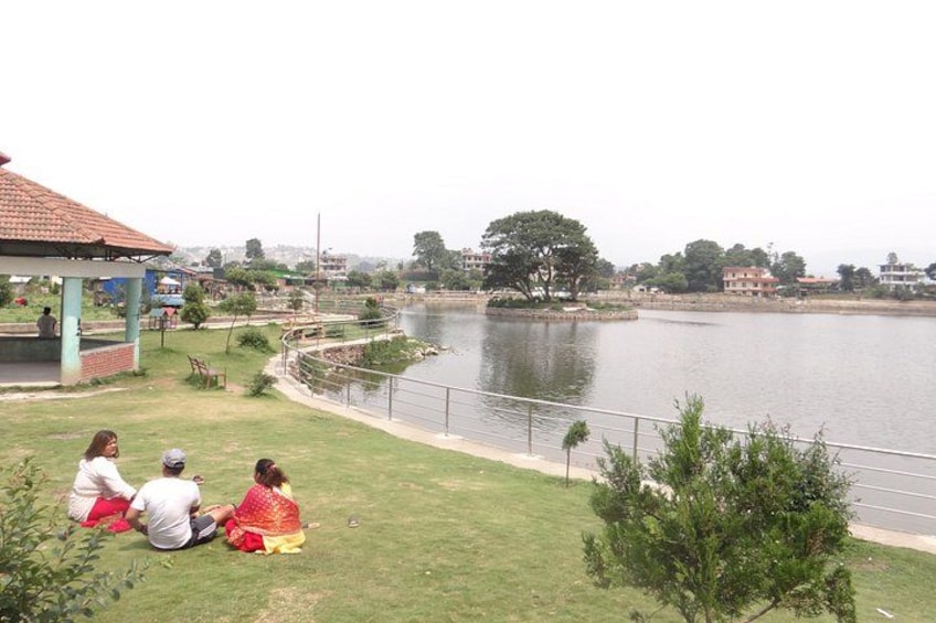 A lake with a gazebo, a grassy area, and a tree. 3