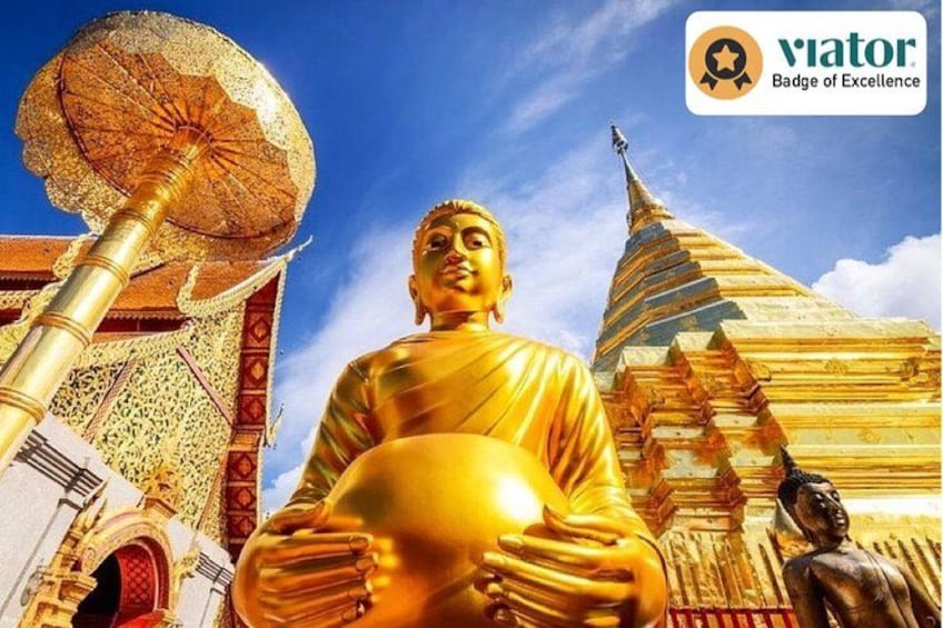 Una estatua dorada de Buda frente a un templo con arquitectura detallada. 1