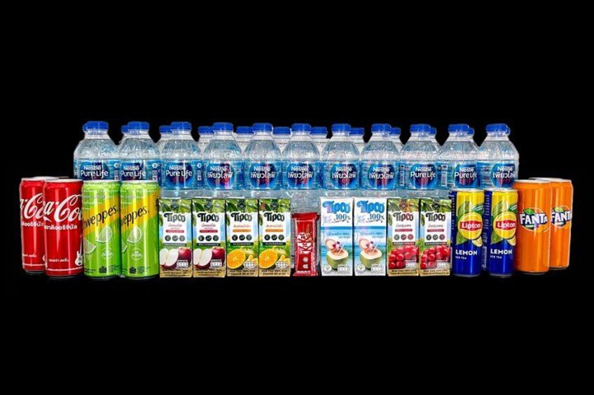 A variety of bottled beverages including water, soda, and fruit juices. 2