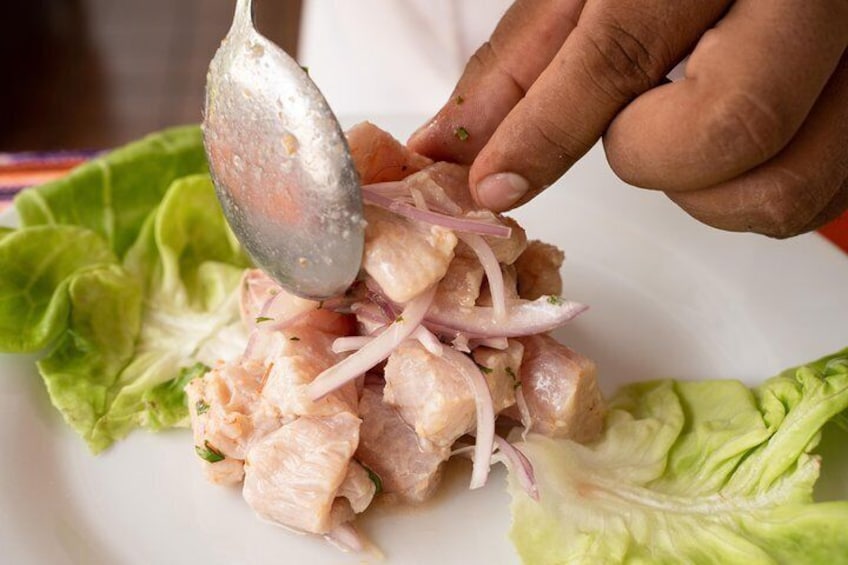 Peruvians make their national seafood dish Ceviche from fresh raw fish cured in lime and spiced with a variety of seasonings including chopped onions. 4