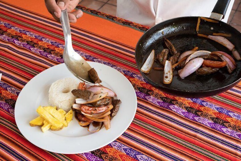 Stir fry marinated strips of sirloin with onions, garnish it with french fries and rice and you’re ready to serve Lomo Saltado, a popular, traditional Peruvian dish. 2